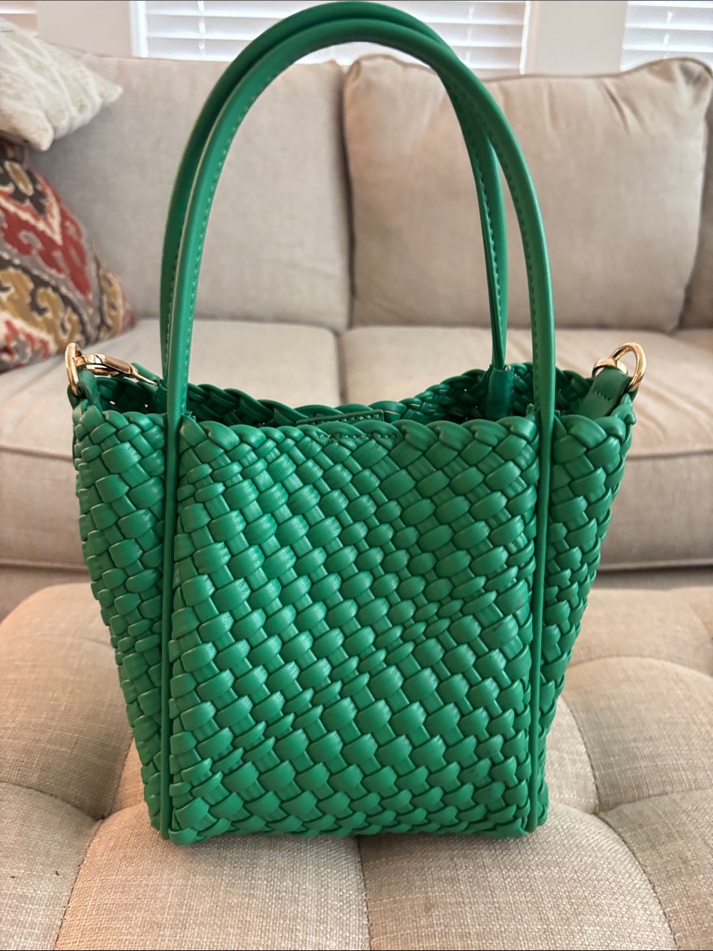 Anthropologie Green Woven Crossbody Tote with extra strap and insert